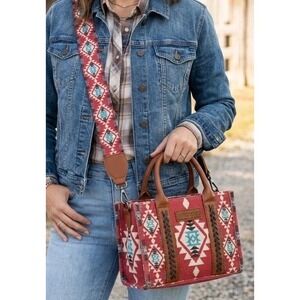 Wrangler Aztec Retro Print Small Tote Crossbody Burgundy Removable Strap
